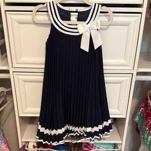 Navy and White Pleated Kids Dress with Bow
